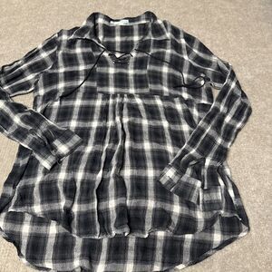 Maurices Black Gauze  Plaid Lace Up Peasant Boho XL Grunge Goth Top LS Baby Doll
